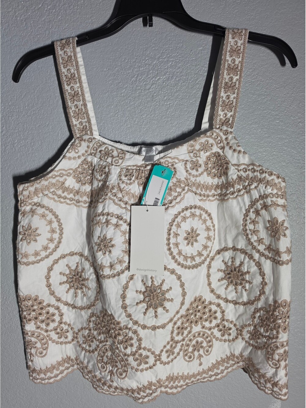 Design History Women's Embroidered White and Beige Tank Top, Size Small